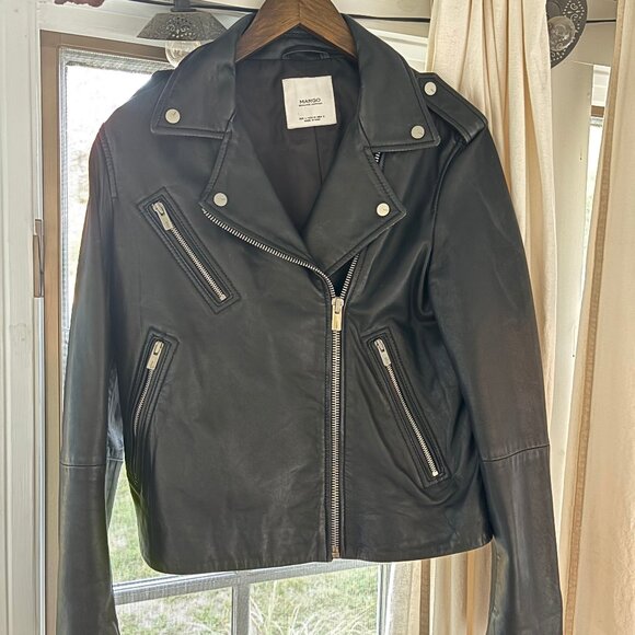 Mango Black Leather Moto Jacket LIKE NEW SHEEP LEATHER size Large - Picture 1 of 9